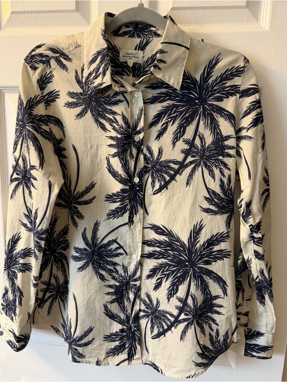 Hartford Cream and Navy Palm-Print Button Shirt